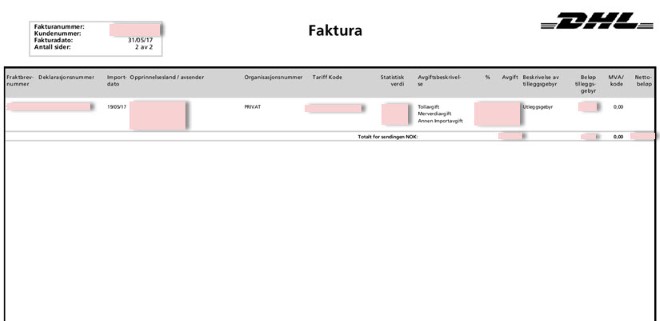 DHL eksempel innførselsdeklarasjon