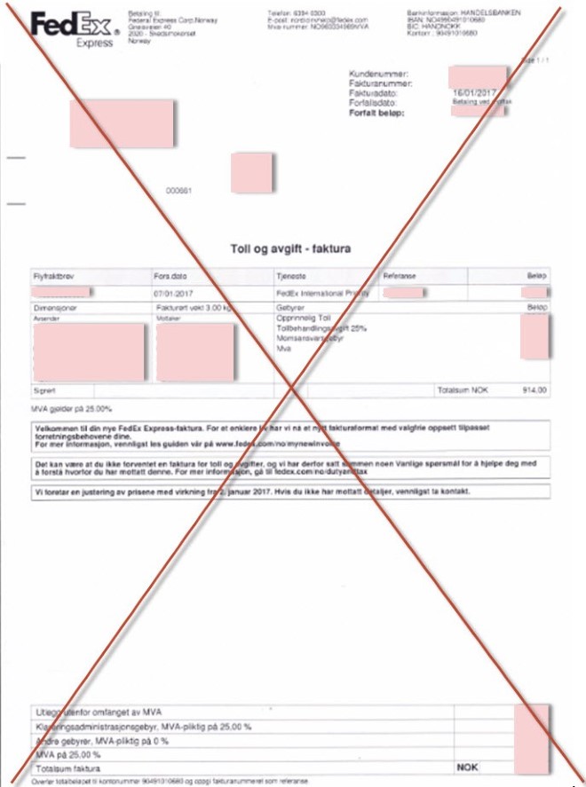 FedEx eksempel på faktura som ikke er innførselsdeklarasjon